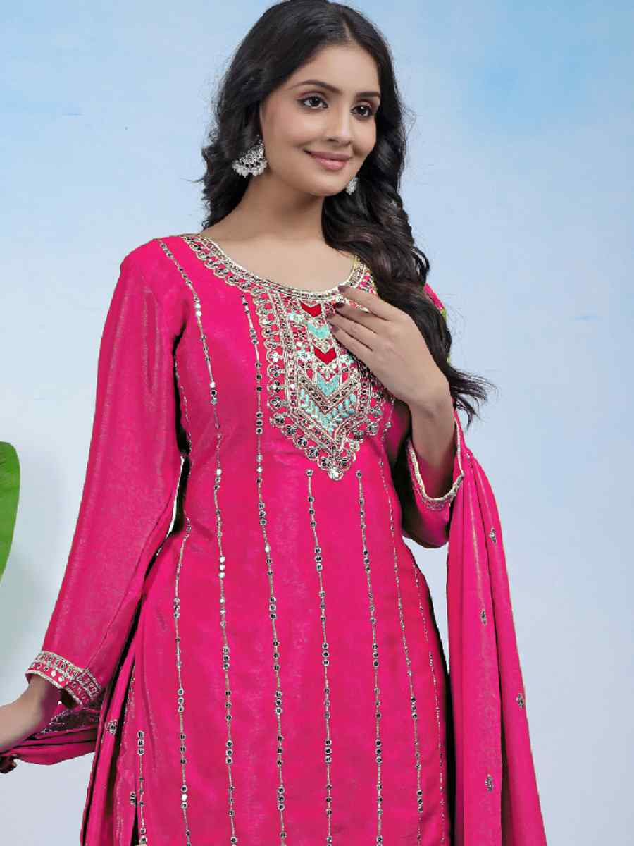 Pink Chinon Embroidery Party Wedding Festival Casual Ready Palazzo Pant Salwar Kameez