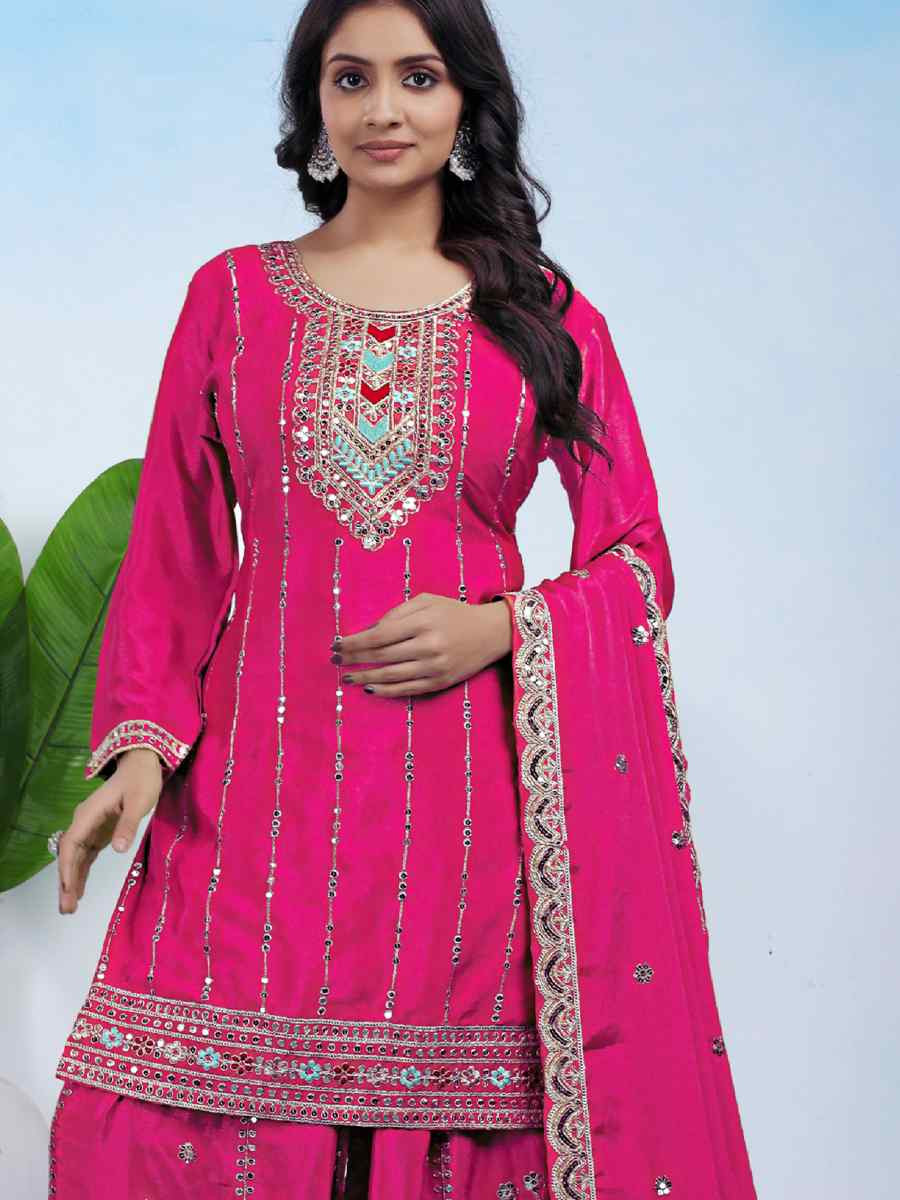 Pink Chinon Embroidery Party Wedding Festival Casual Ready Palazzo Pant Salwar Kameez