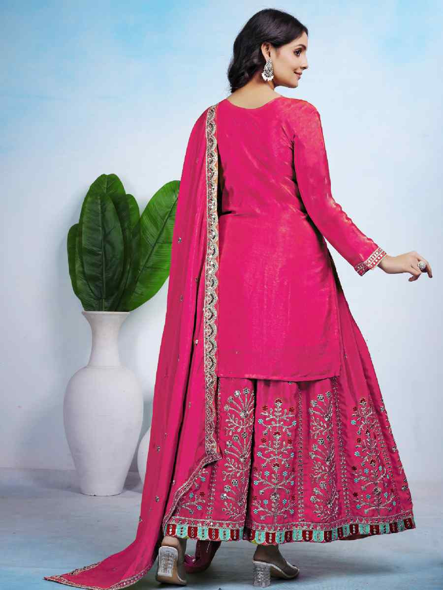 Pink Chinon Embroidery Party Wedding Festival Casual Ready Palazzo Pant Salwar Kameez
