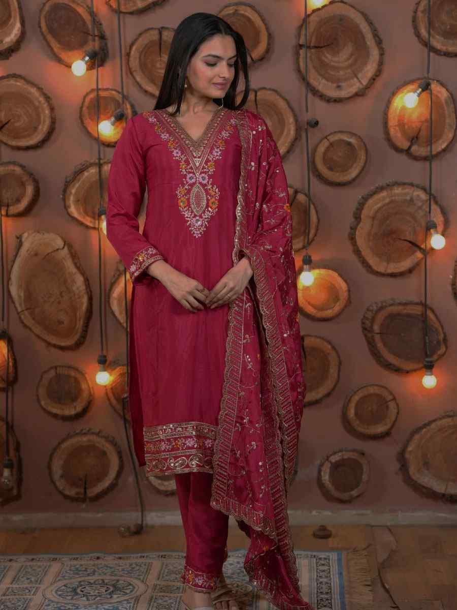 Pink Chinon Embroidery Party Wedding Festival Casual Ready Pant Salwar Kameez
