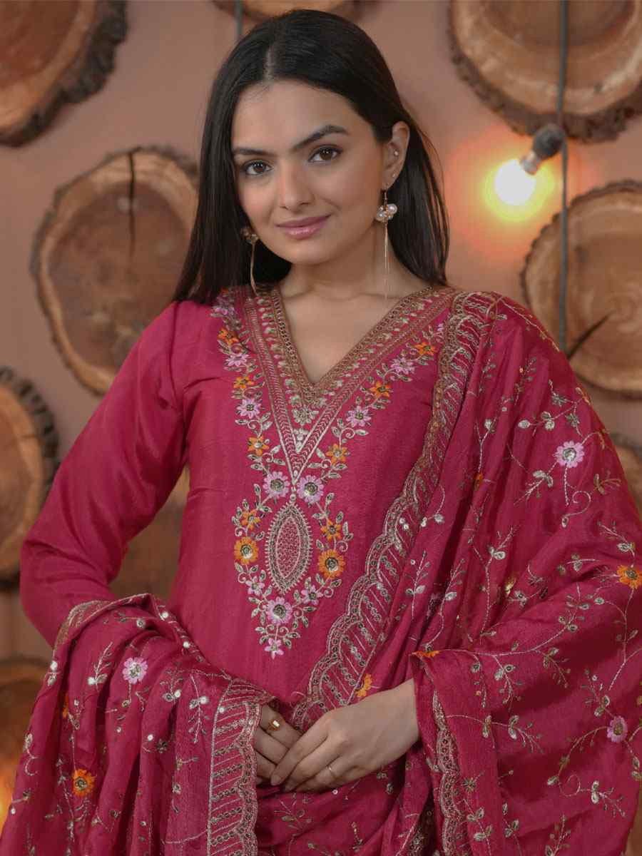 Pink Chinon Embroidery Party Wedding Festival Casual Ready Pant Salwar Kameez