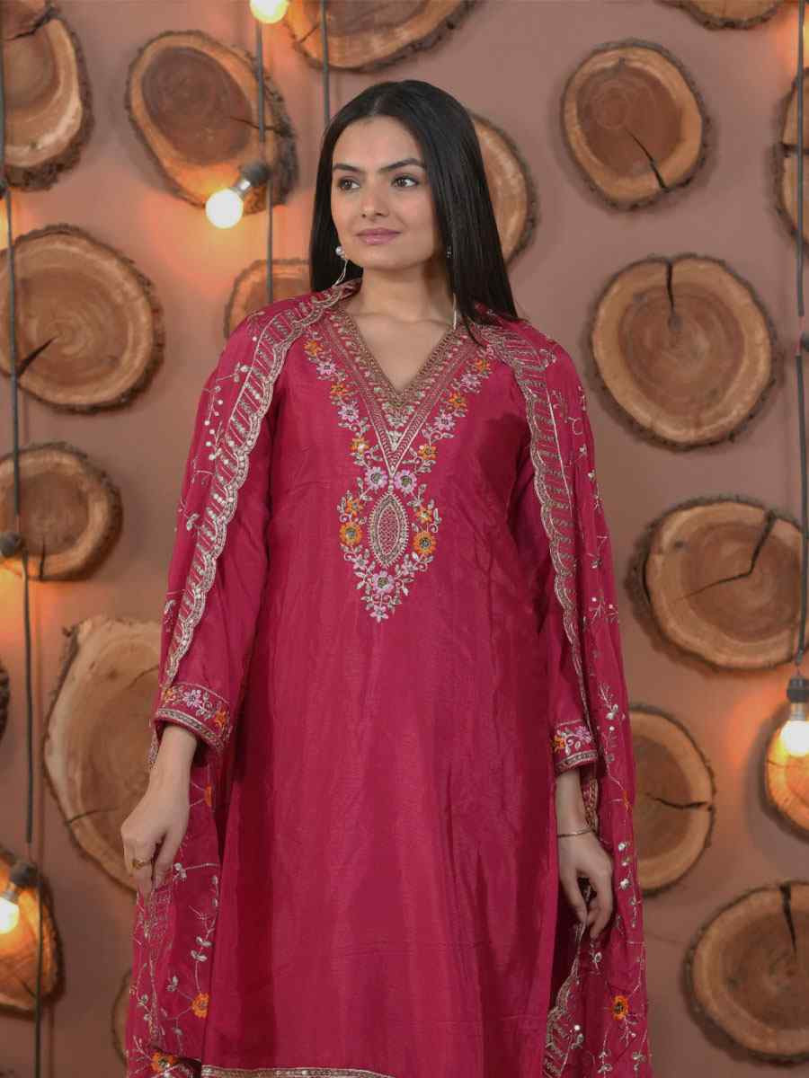 Pink Chinon Embroidery Party Wedding Festival Casual Ready Pant Salwar Kameez