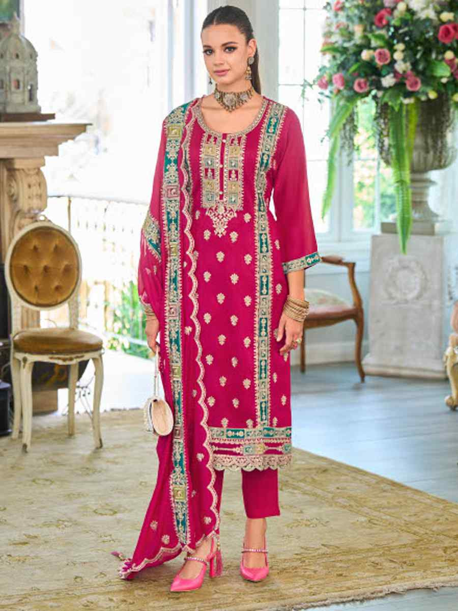 Pink Chinon Embroidery Party Wedding Festival Casual Ready Pant Salwar Kameez