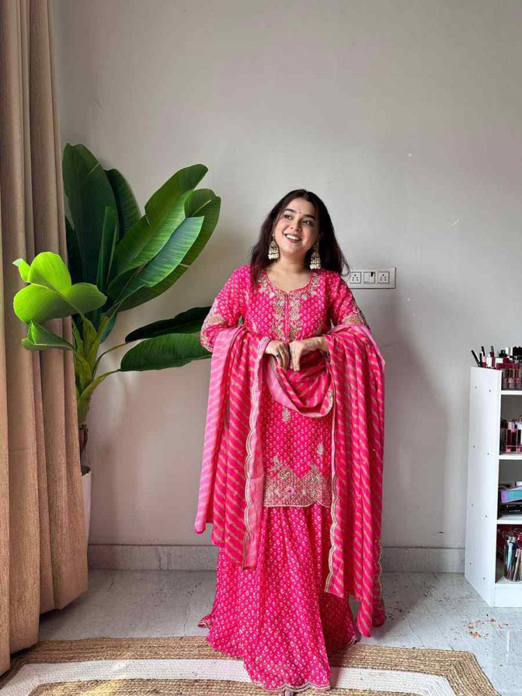 Image of Pink Chinon Embroidery Party Wedding Festival Casual Ready Sharara Pant Salwar Kameez