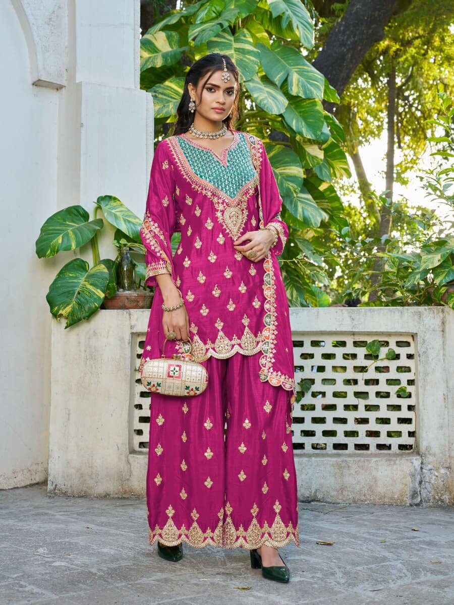 Pink Chinon Embroidery Sequins Wedding Party Festival Casual Ready Palazzo Pant Salwar Kameez