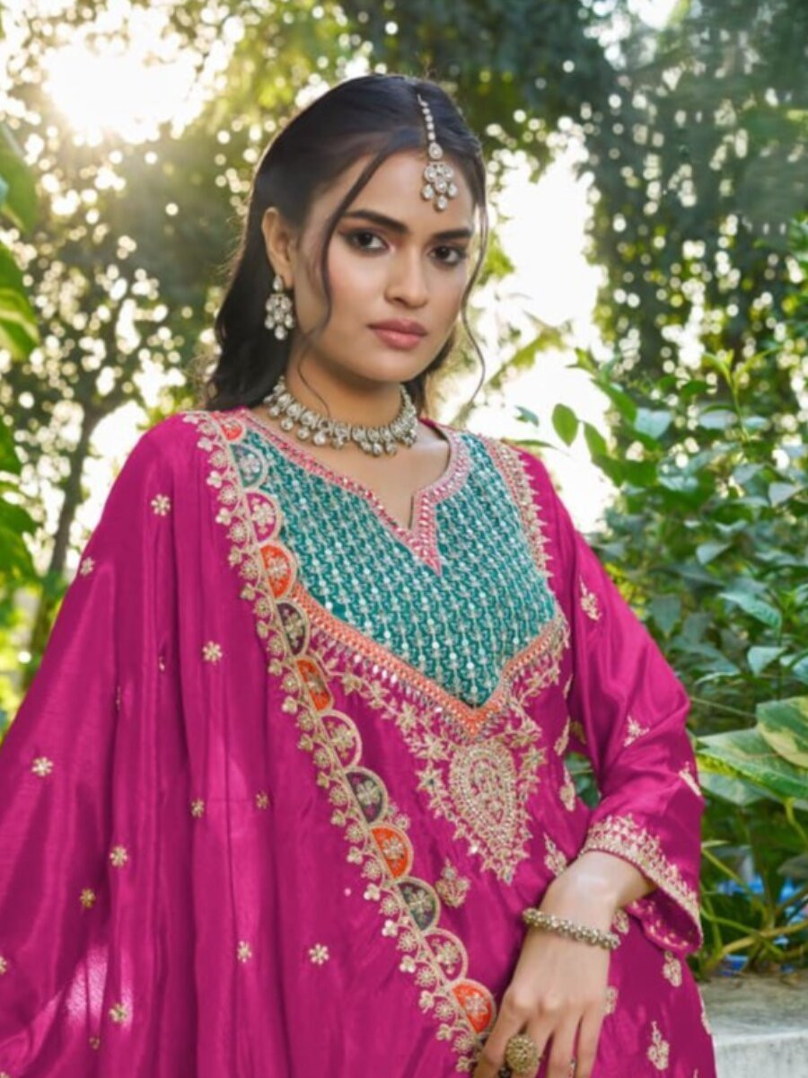 Pink Chinon Embroidery Sequins Wedding Party Festival Casual Ready Palazzo Pant Salwar Kameez