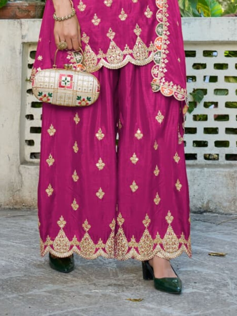 Pink Chinon Embroidery Sequins Wedding Party Festival Casual Ready Palazzo Pant Salwar Kameez