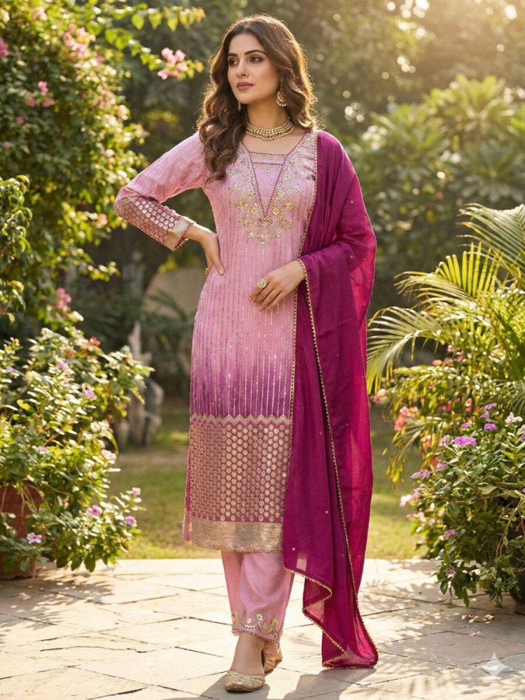 Image of Pink Chinon Embroidery Sequins Zari Wedding Party Festival Casual Ready Pant Salwar Kameez