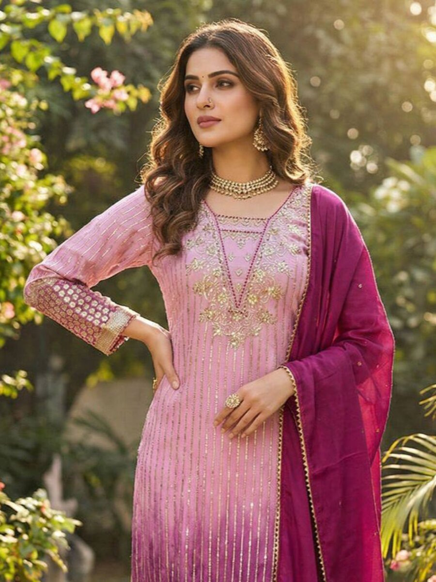 Pink Chinon Embroidery Sequins Zari Wedding Party Festival Casual Ready Pant Salwar Kameez