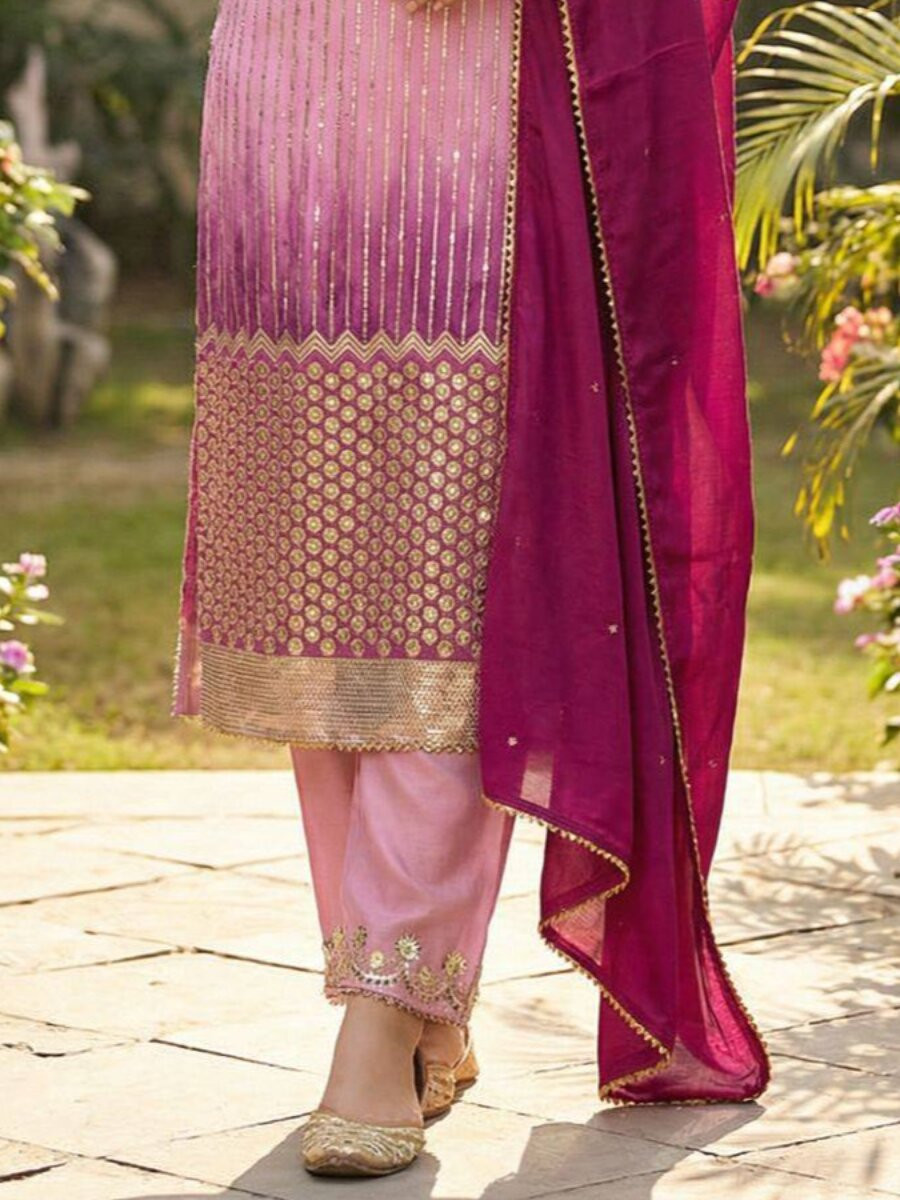 Pink Chinon Embroidery Sequins Zari Wedding Party Festival Casual Ready Pant Salwar Kameez
