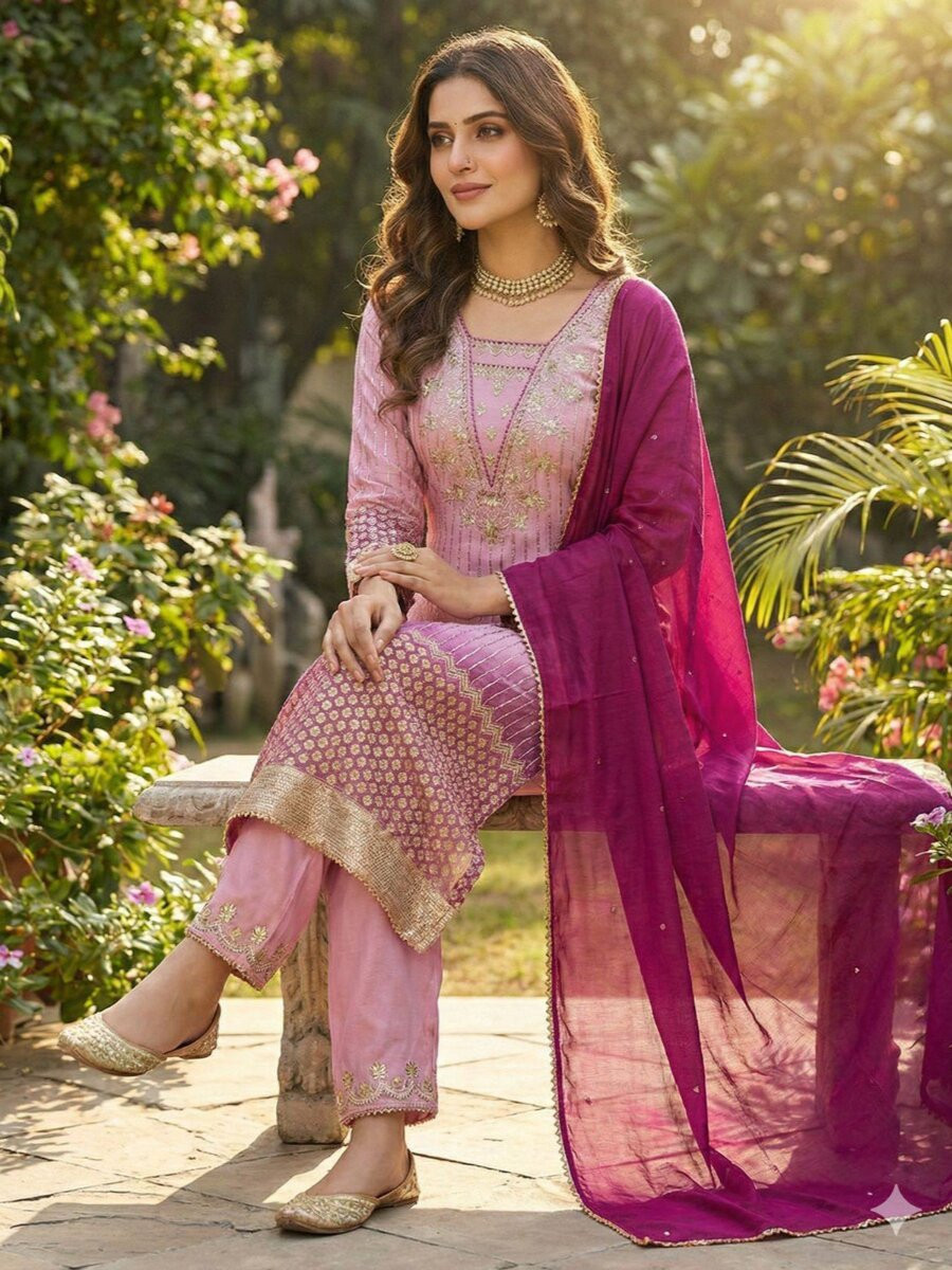 Pink Chinon Embroidery Sequins Zari Wedding Party Festival Casual Ready Pant Salwar Kameez