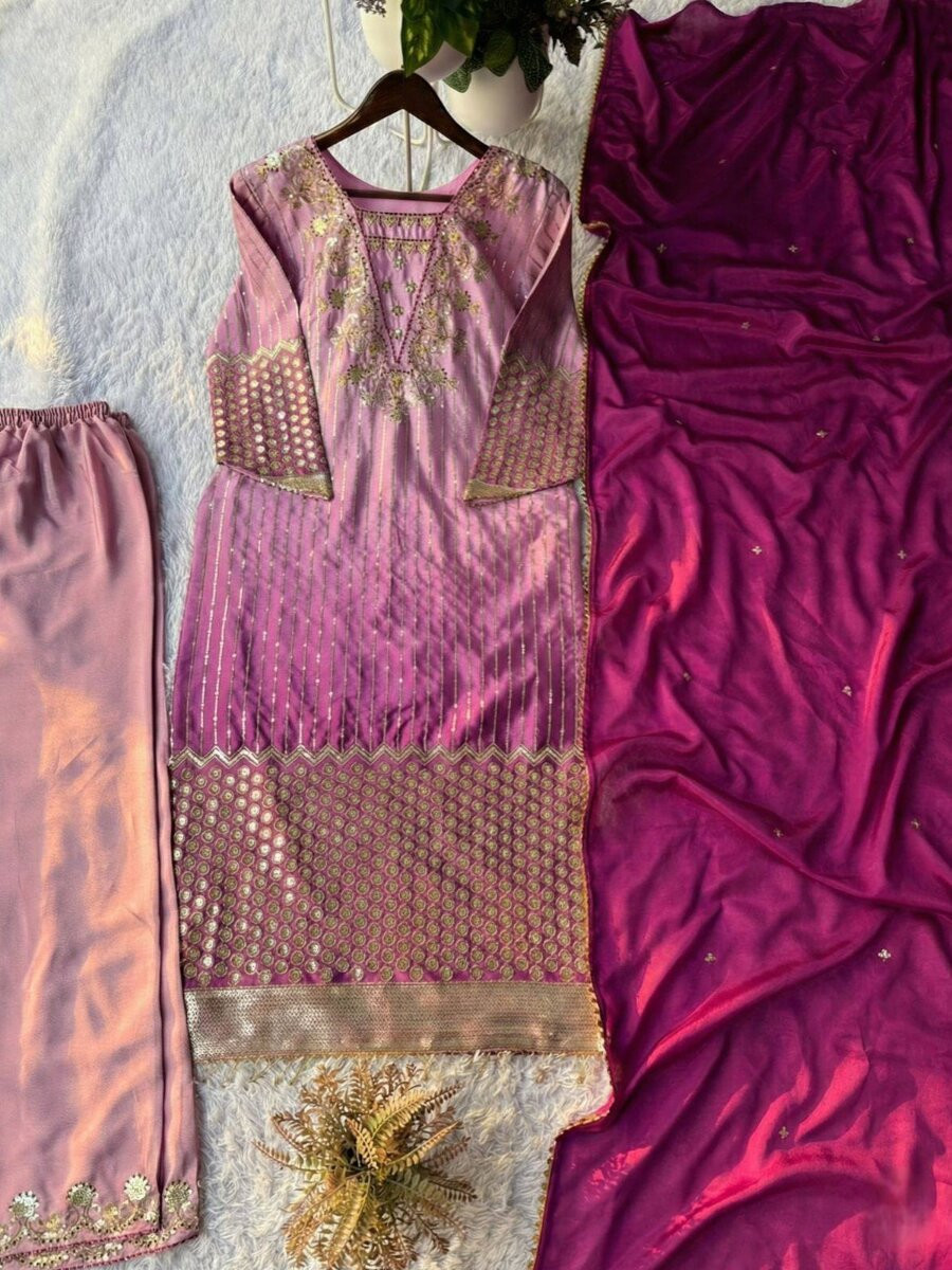 Pink Chinon Embroidery Sequins Zari Wedding Party Festival Casual Ready Pant Salwar Kameez