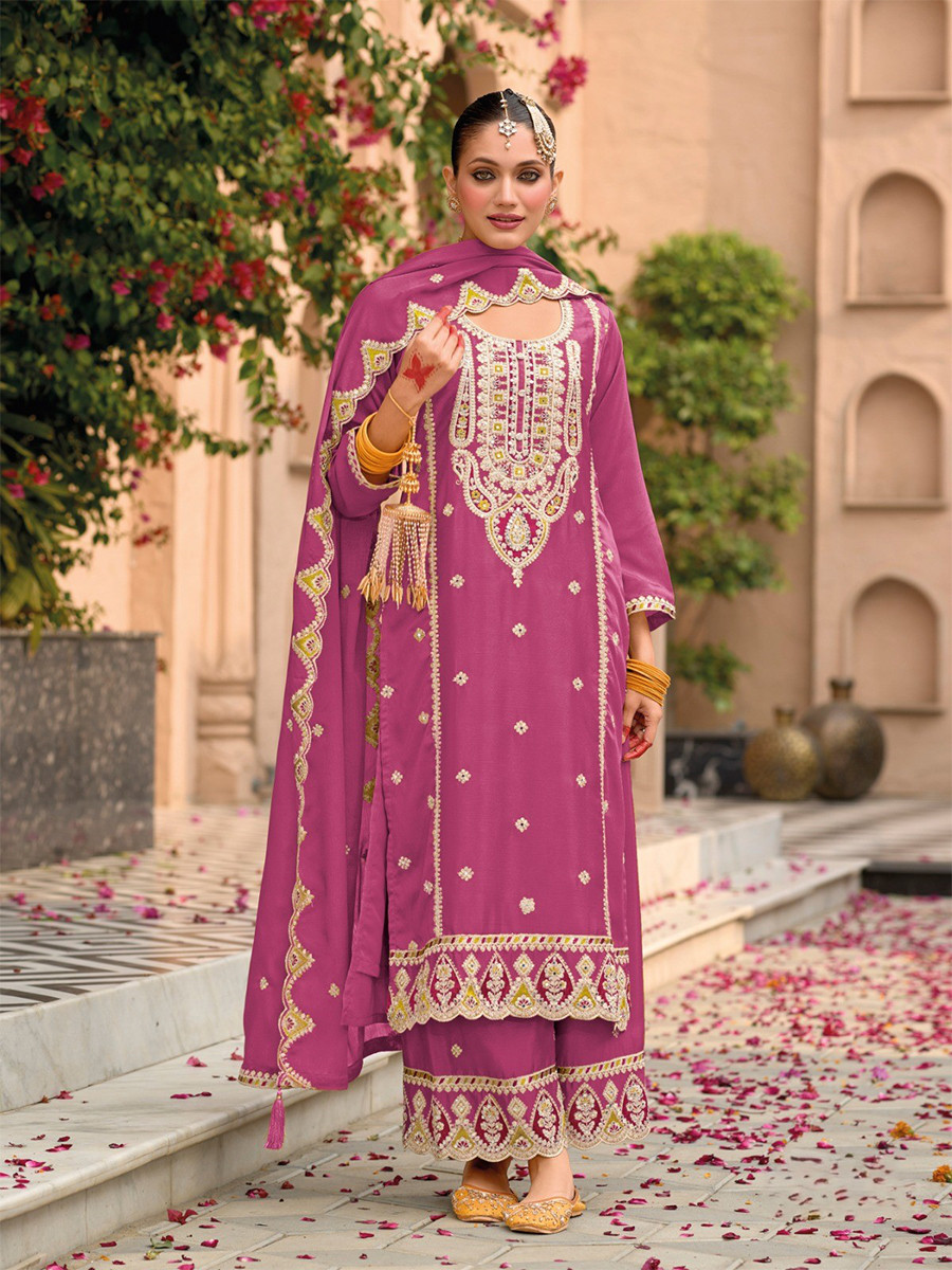 Pink Chinon Embroidery Wedding Party Festival Casual Palazzo Pant Salwar Kameez
