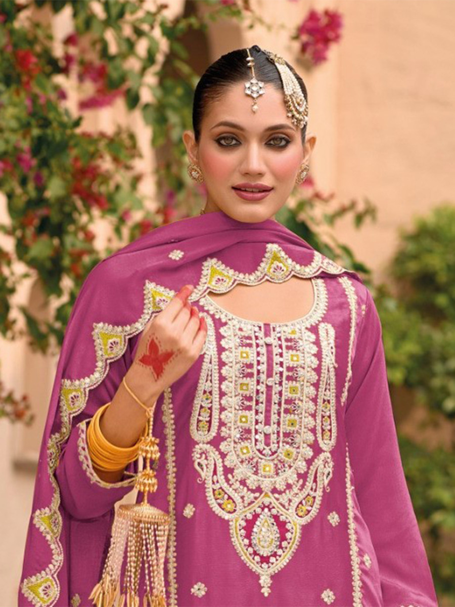Pink Chinon Embroidery Wedding Party Festival Casual Palazzo Pant Salwar Kameez