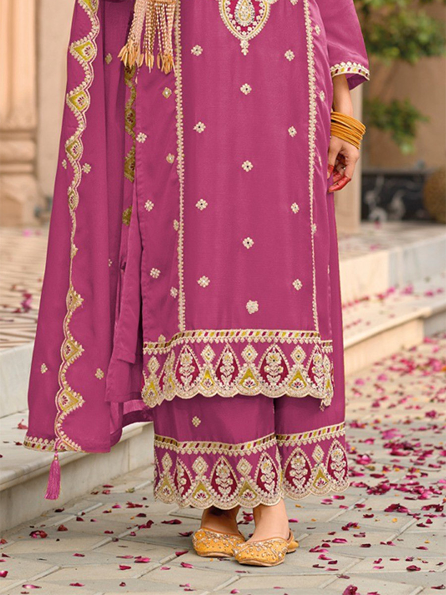 Pink Chinon Embroidery Wedding Party Festival Casual Palazzo Pant Salwar Kameez