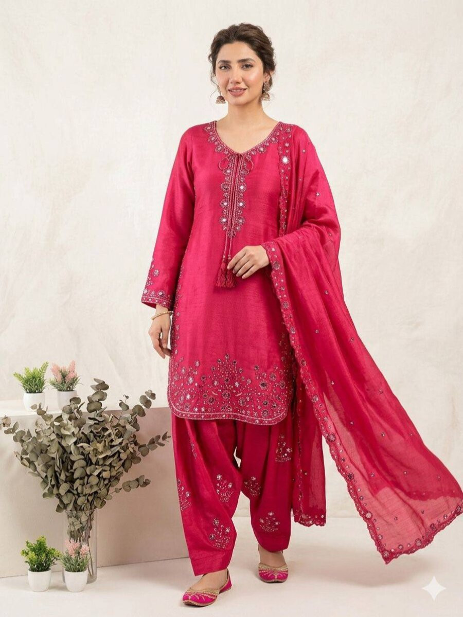 Pink Chinon Embroidery Wedding Party Festival Casual Ready Palazzo Pant Salwar Kameez