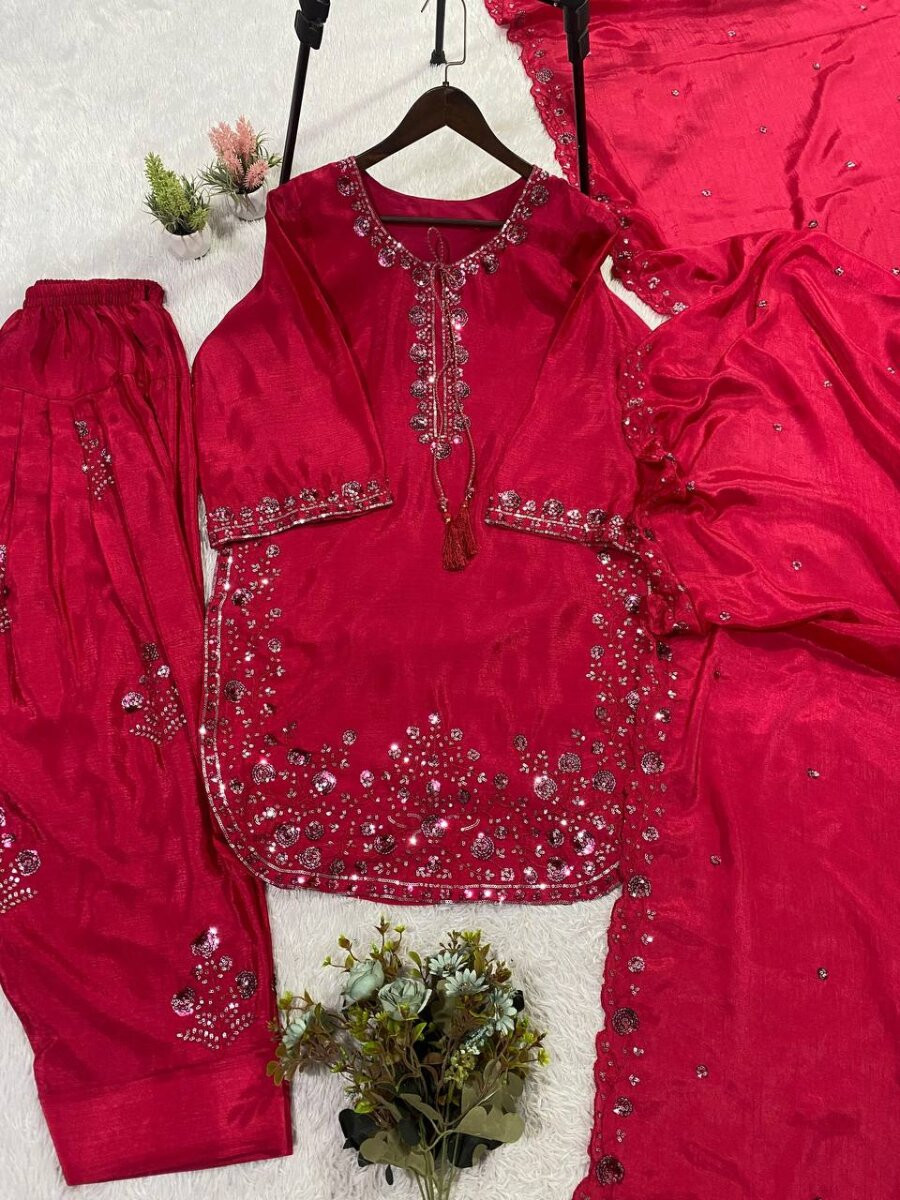 Pink Chinon Embroidery Wedding Party Festival Casual Ready Palazzo Pant Salwar Kameez