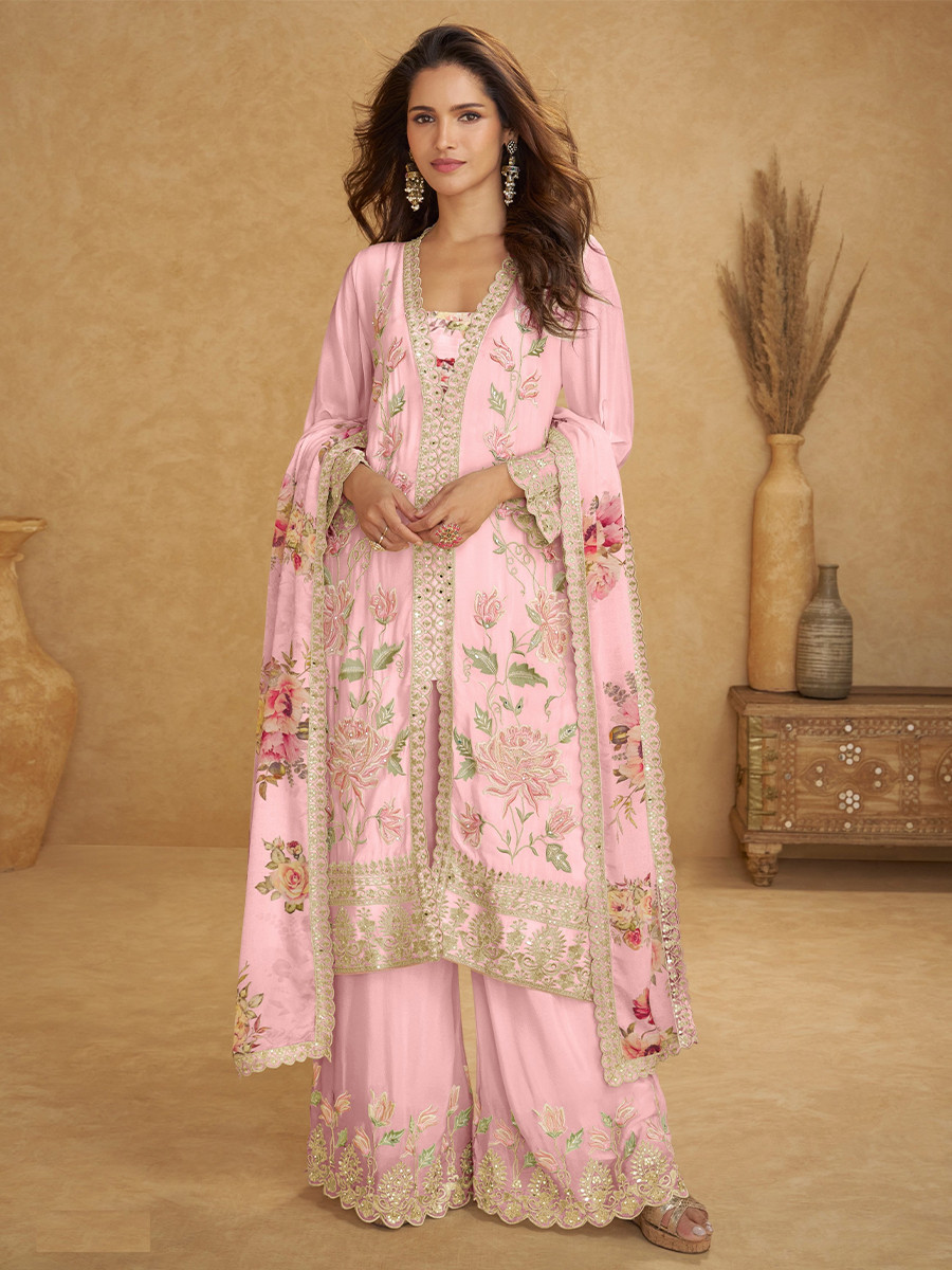 Pink Chinon Embroidery Zari Lace Printed Wedding Festival Party Wear Ready Palazzo Pant Salwar Kameez