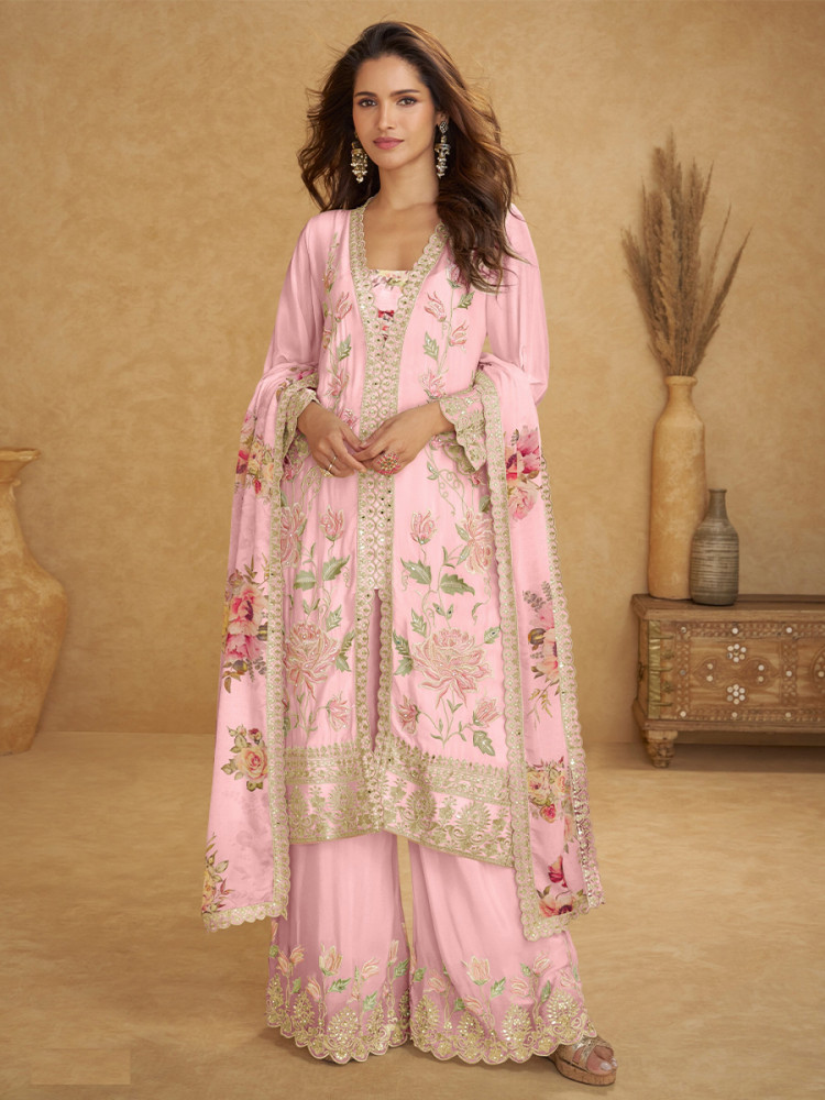 Image of Pink Chinon Embroidery Zari Lace Printed Wedding Festival Party Wear Ready Palazzo Pant Salwar Kameez
