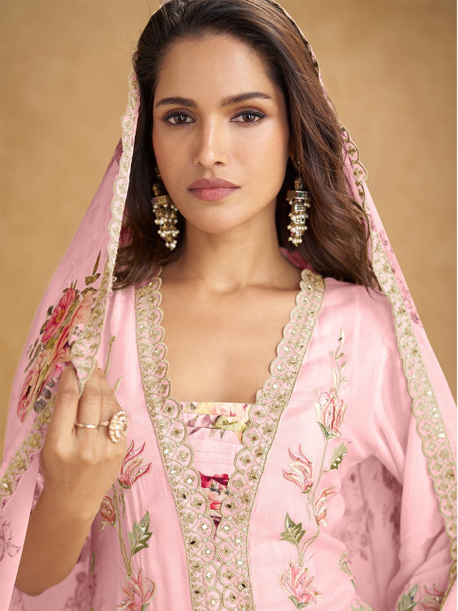 Pink Chinon Embroidery Zari Lace Printed Wedding Festival Party Wear Ready Palazzo Pant Salwar Kameez