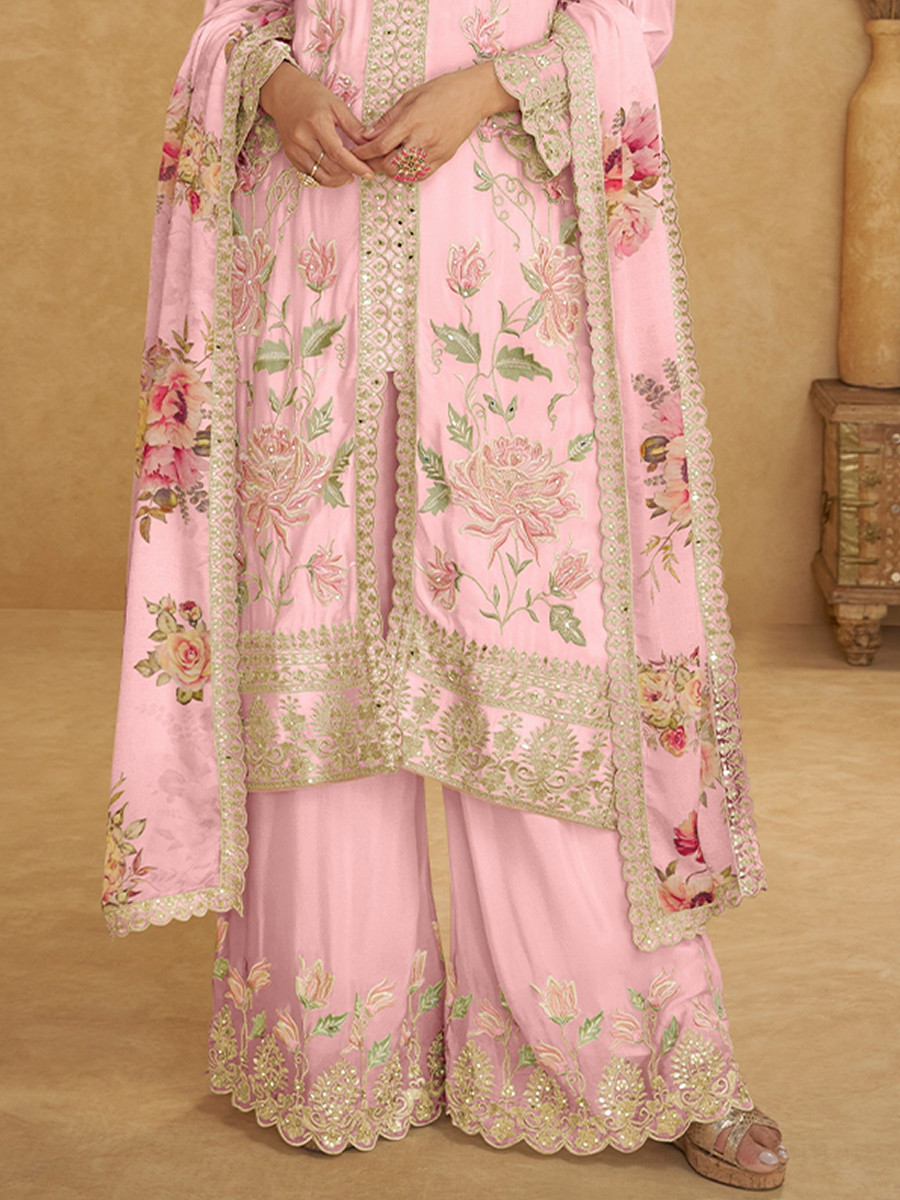 Pink Chinon Embroidery Zari Lace Printed Wedding Festival Party Wear Ready Palazzo Pant Salwar Kameez