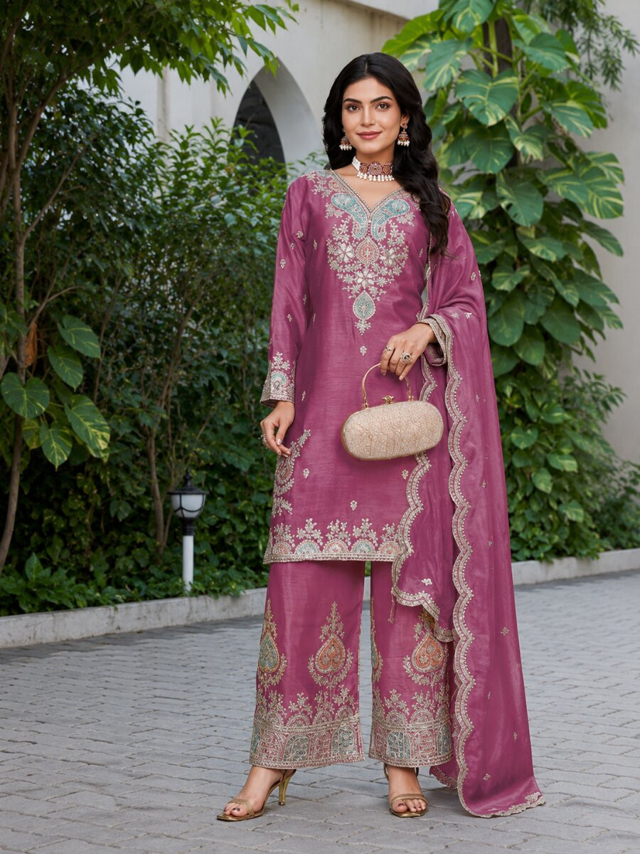 Pink Chinon Embroidery Zari Sequins Wedding Party Festival Casual Palazzo Pant Salwar Kameez