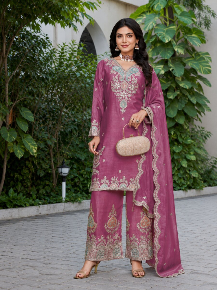 Image of Pink Chinon Embroidery Zari Sequins Wedding Party Festival Casual Palazzo Pant Salwar Kameez