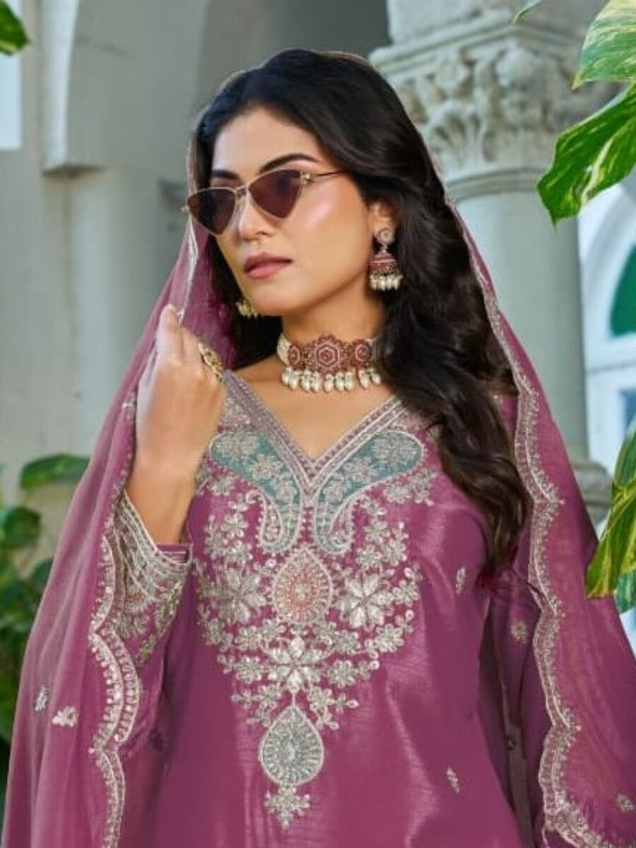 Pink Chinon Embroidery Zari Sequins Wedding Party Festival Casual Palazzo Pant Salwar Kameez