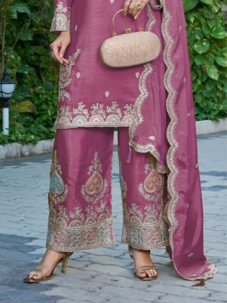 Pink Chinon Embroidery Zari Sequins Wedding Party Festival Casual Palazzo Pant Salwar Kameez