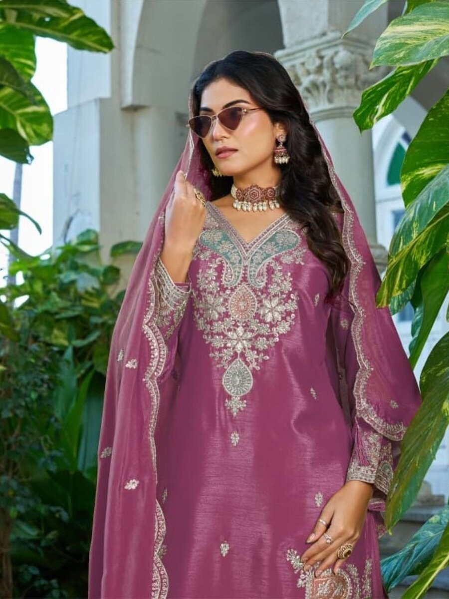 Pink Chinon Embroidery Zari Sequins Wedding Party Festival Casual Palazzo Pant Salwar Kameez