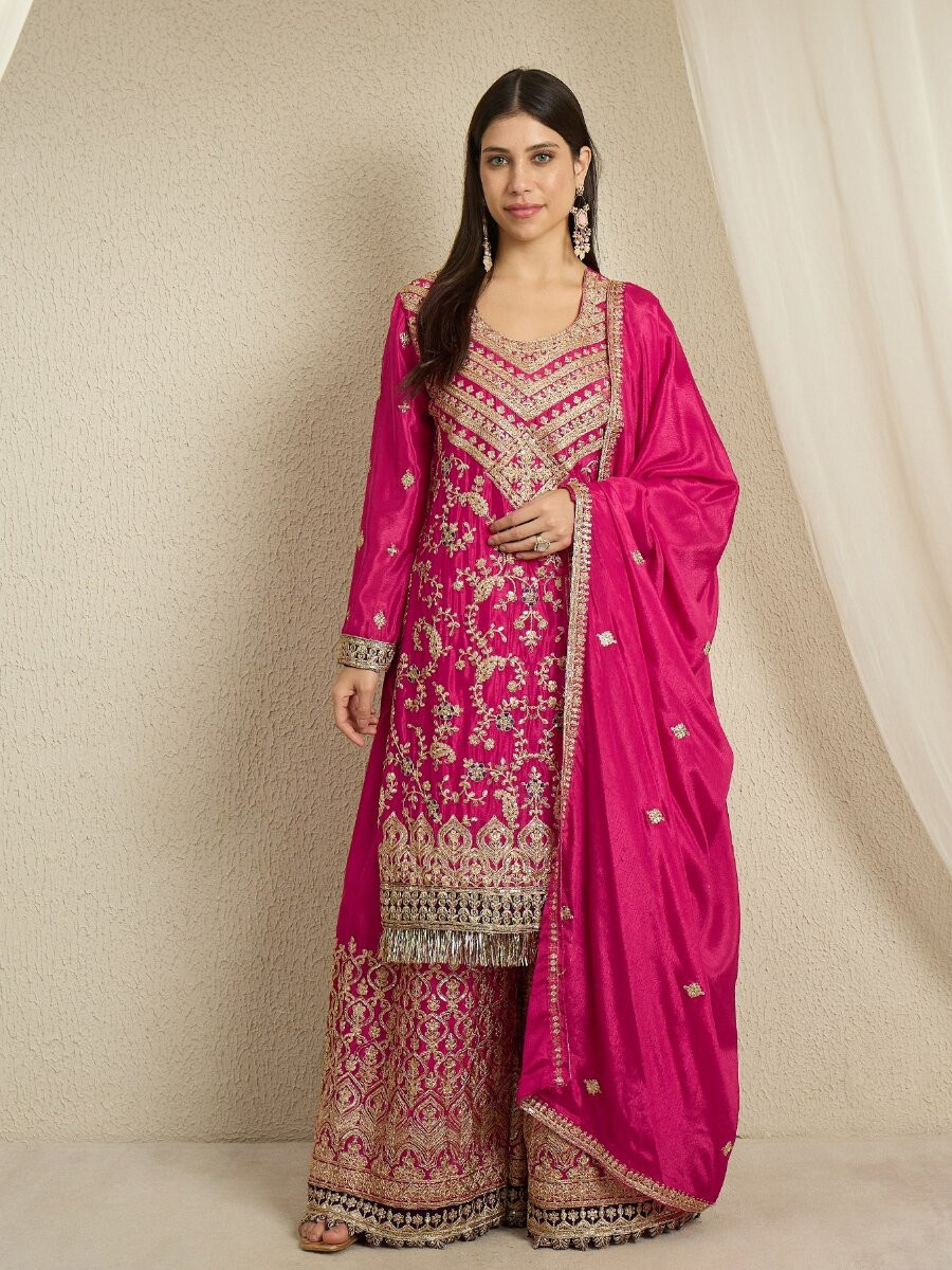 Pink Chinon Embroidery Zari Wedding Party Festival Casual Ready Palazzo Pant Salwar Kameez