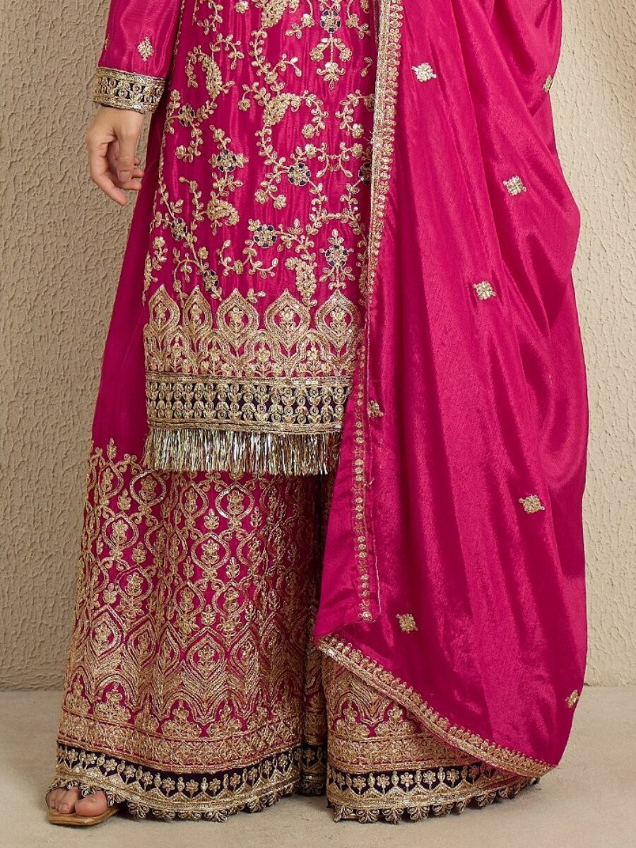 Pink Chinon Embroidery Zari Wedding Party Festival Casual Ready Palazzo Pant Salwar Kameez
