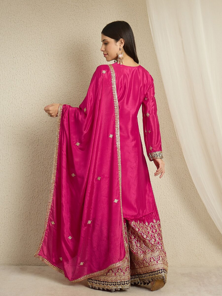 Pink Chinon Embroidery Zari Wedding Party Festival Casual Ready Palazzo Pant Salwar Kameez