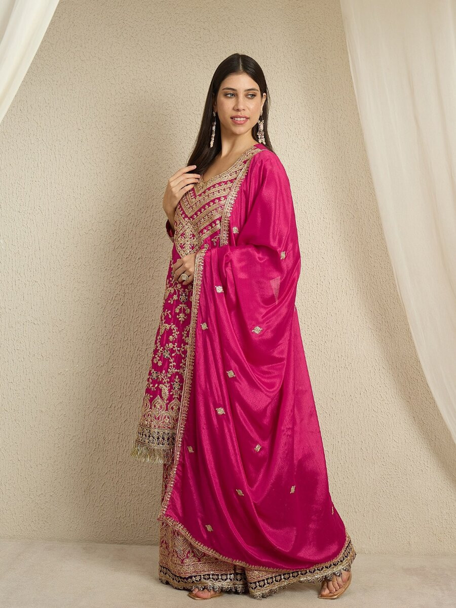 Pink Chinon Embroidery Zari Wedding Party Festival Casual Ready Palazzo Pant Salwar Kameez