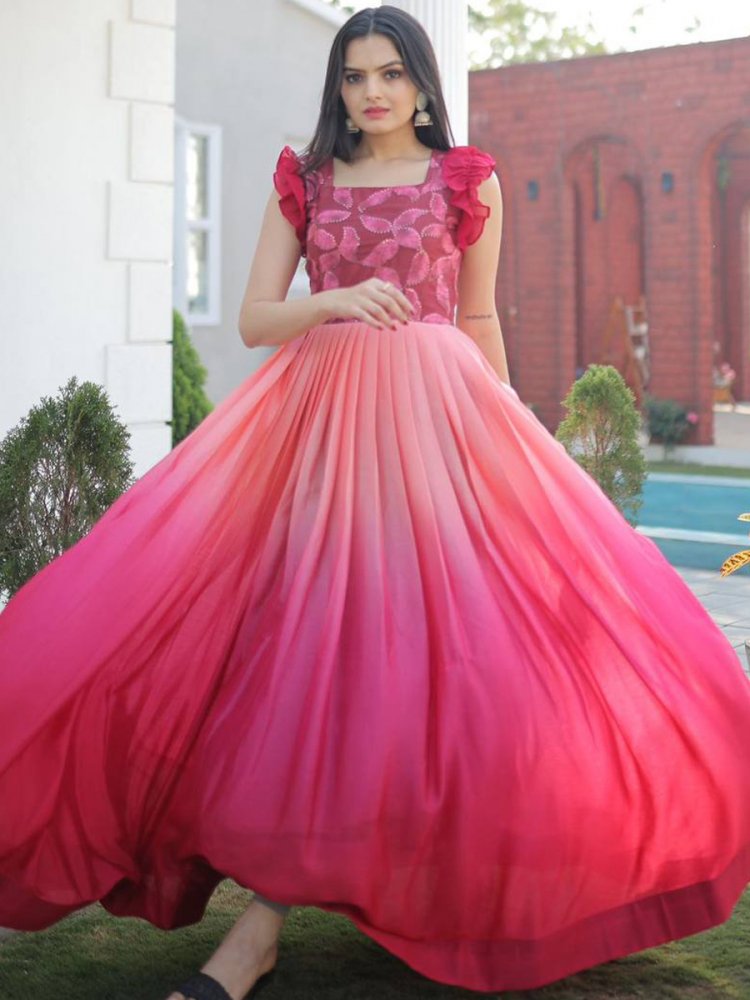 Pink Chinon Pedding Printed Party Casual Gown