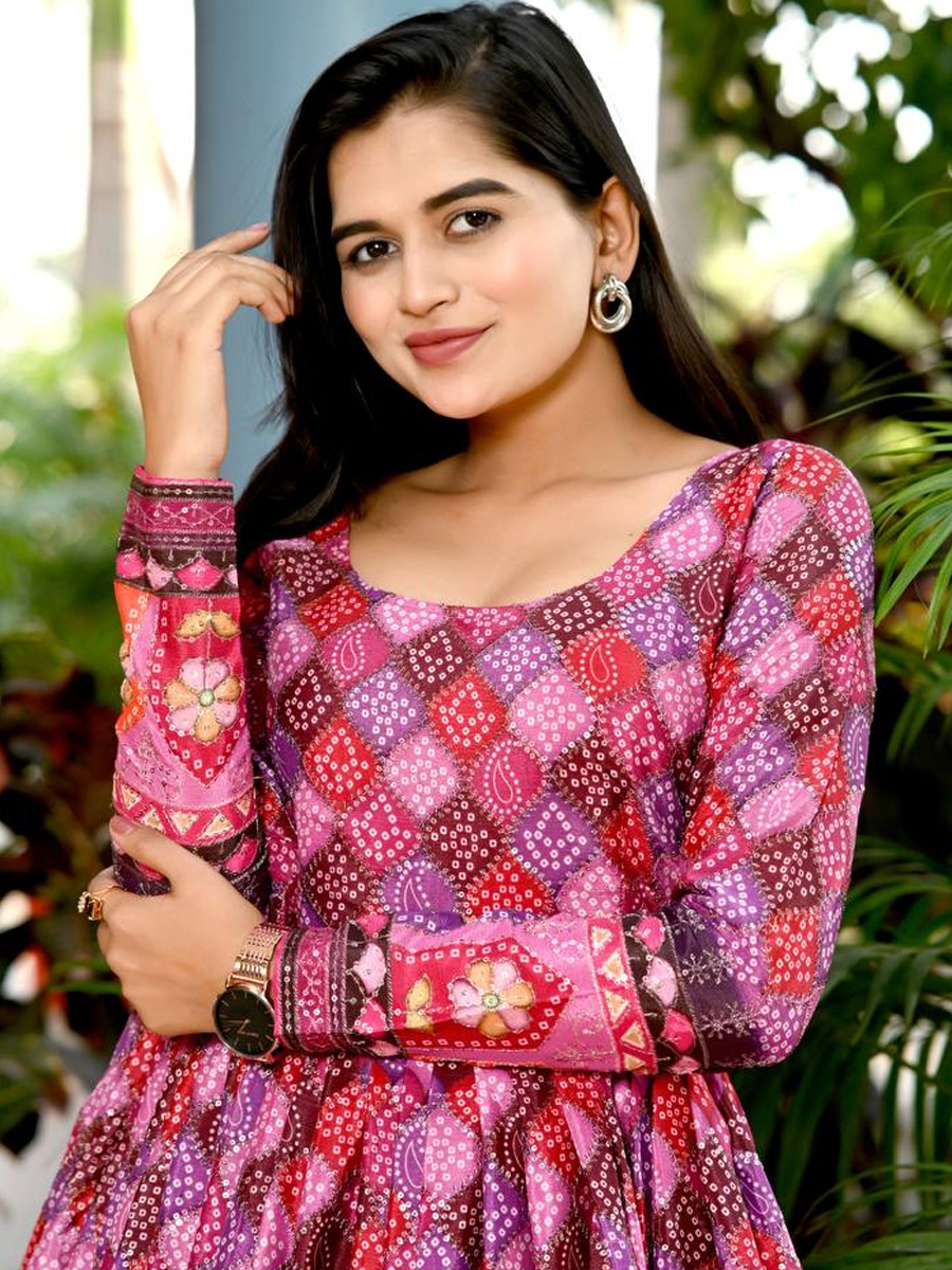 Pink Chinon Printed Festival Casual Gown