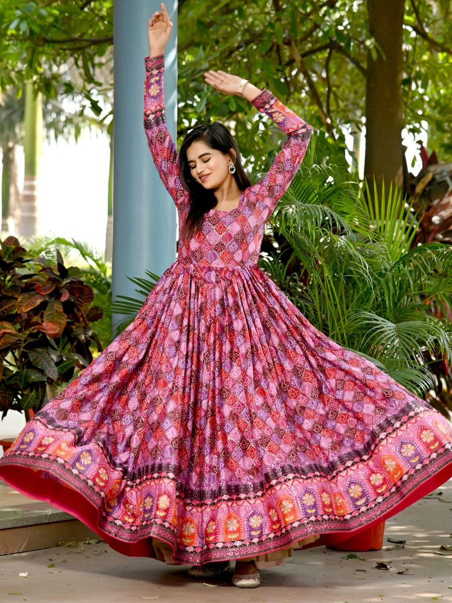 Pink Chinon Printed Festival Casual Gown