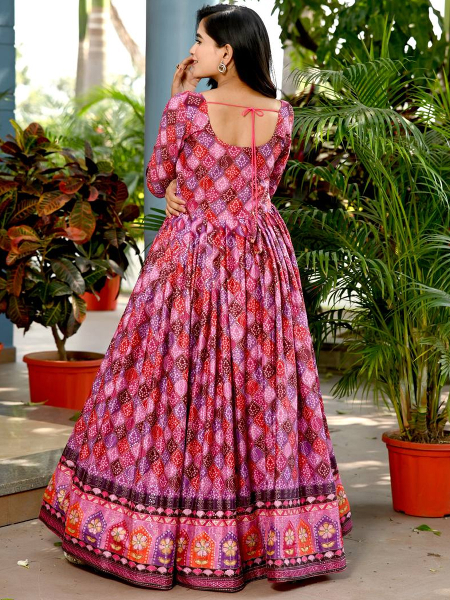 Pink Chinon Printed Festival Casual Gown