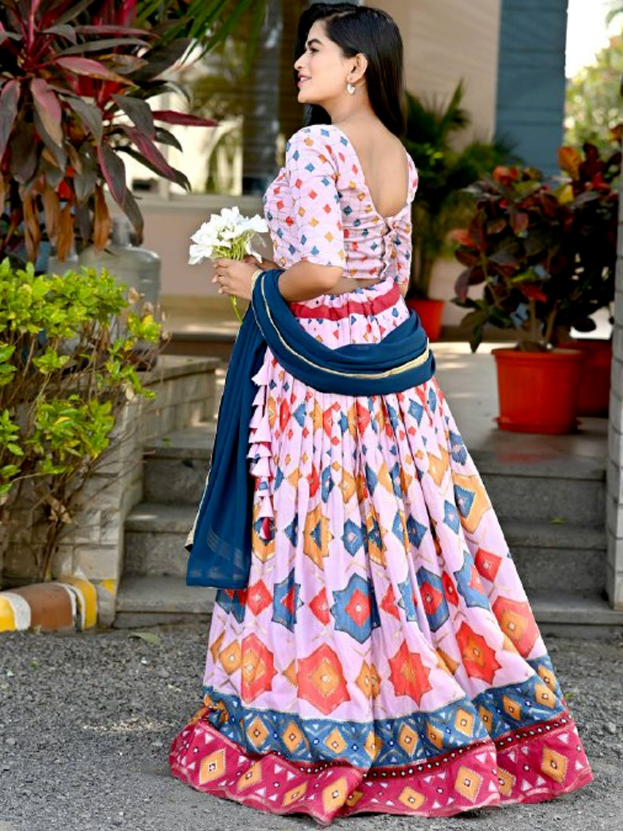 Pink Chinon Printed Festival Mehendi Contemporary Lehenga Choli