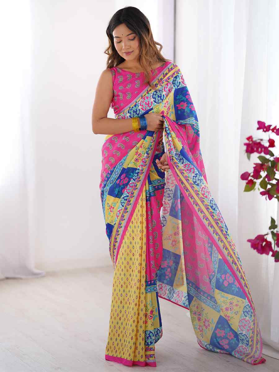 Pink Chinon Printed Festival Wedding Fancy Heavy Border Saree