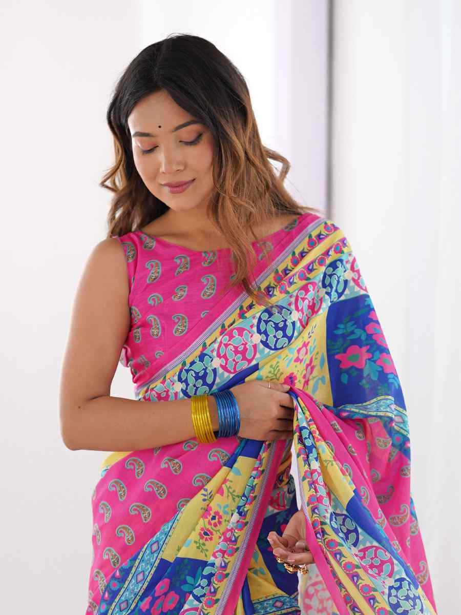 Pink Chinon Printed Festival Wedding Fancy Heavy Border Saree