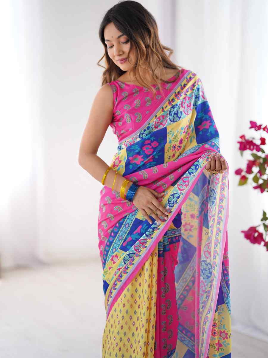 Pink Chinon Printed Festival Wedding Fancy Heavy Border Saree