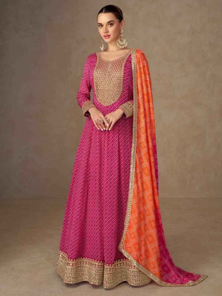 Image of Pink Chinon Printed Women Wear, Embroidered Women Wear Festival Casual Wedding Gown
