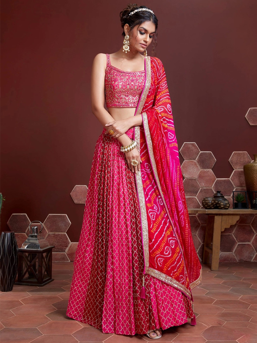 Pink Chinon Silk Embroidered Bridesmaid Wedding Heavy Border Lehenga Choli