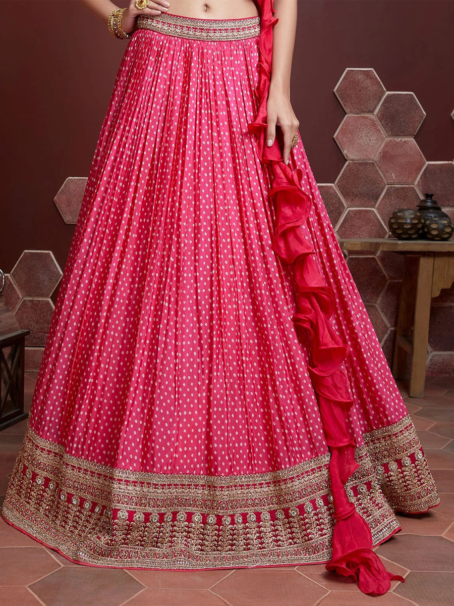 Pink Chinon Silk Embroidered Bridesmaid Wedding Heavy Border Lehenga Choli