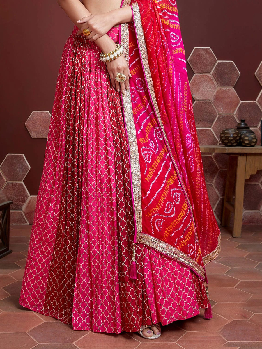 Pink Chinon Silk Embroidered Bridesmaid Wedding Heavy Border Lehenga Choli