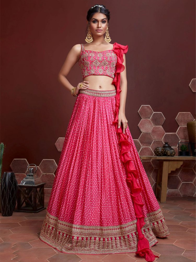 Pink Chinon Silk Embroidered Bridesmaid Wedding Heavy Border Lehenga Choli