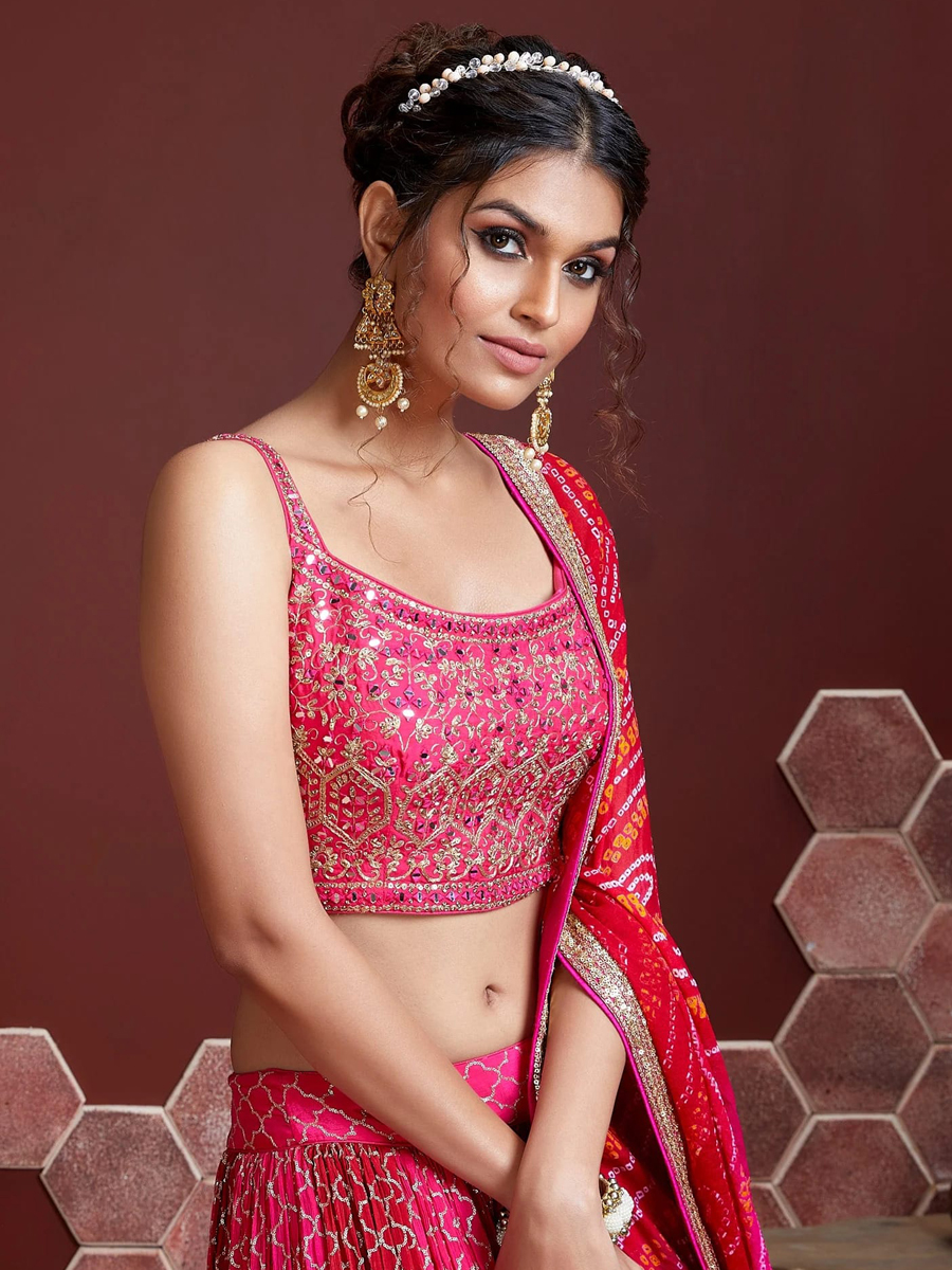 Pink Chinon Silk Embroidered Bridesmaid Wedding Heavy Border Lehenga Choli