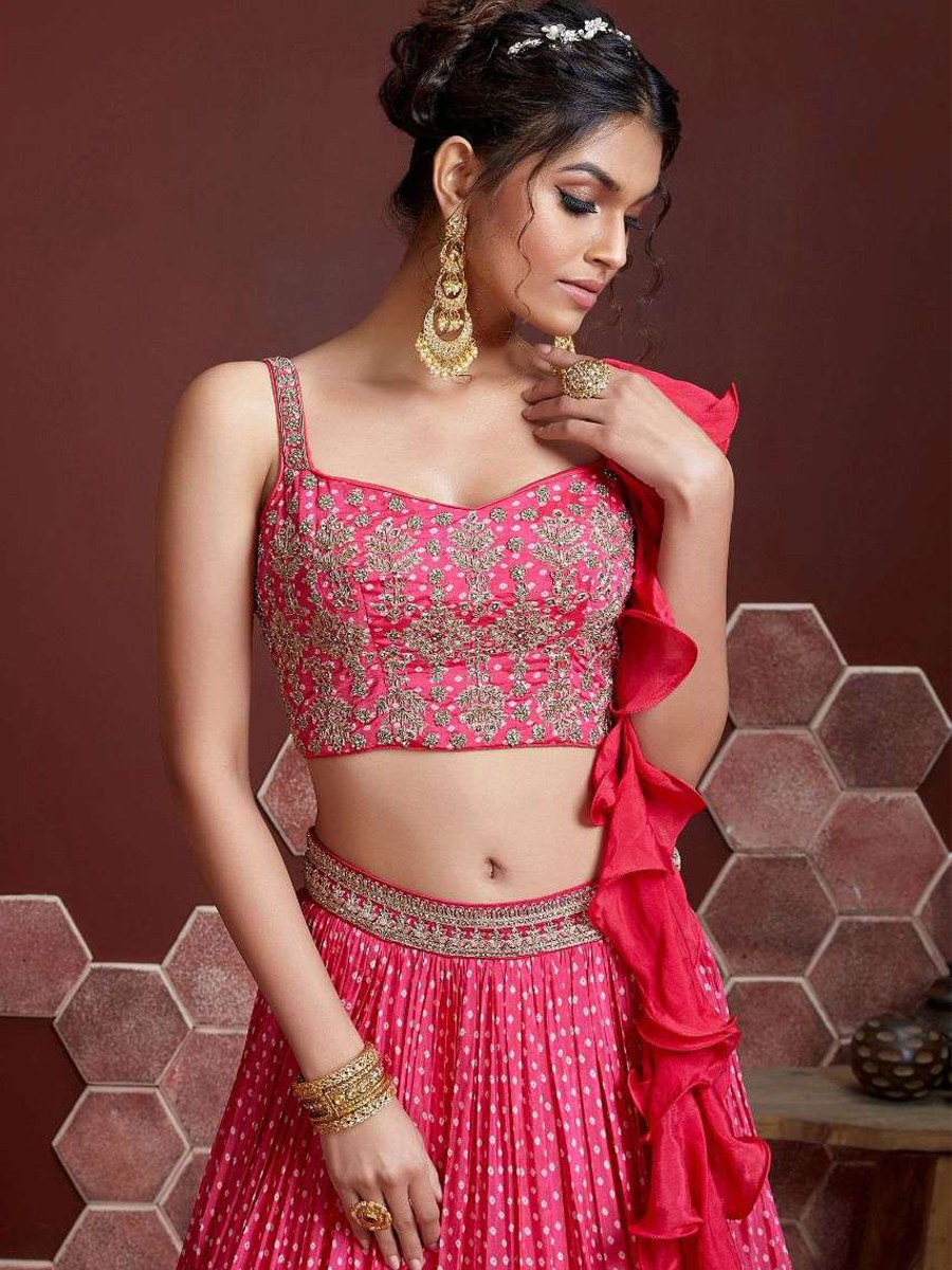 Pink Chinon Silk Embroidered Bridesmaid Wedding Heavy Border Lehenga Choli
