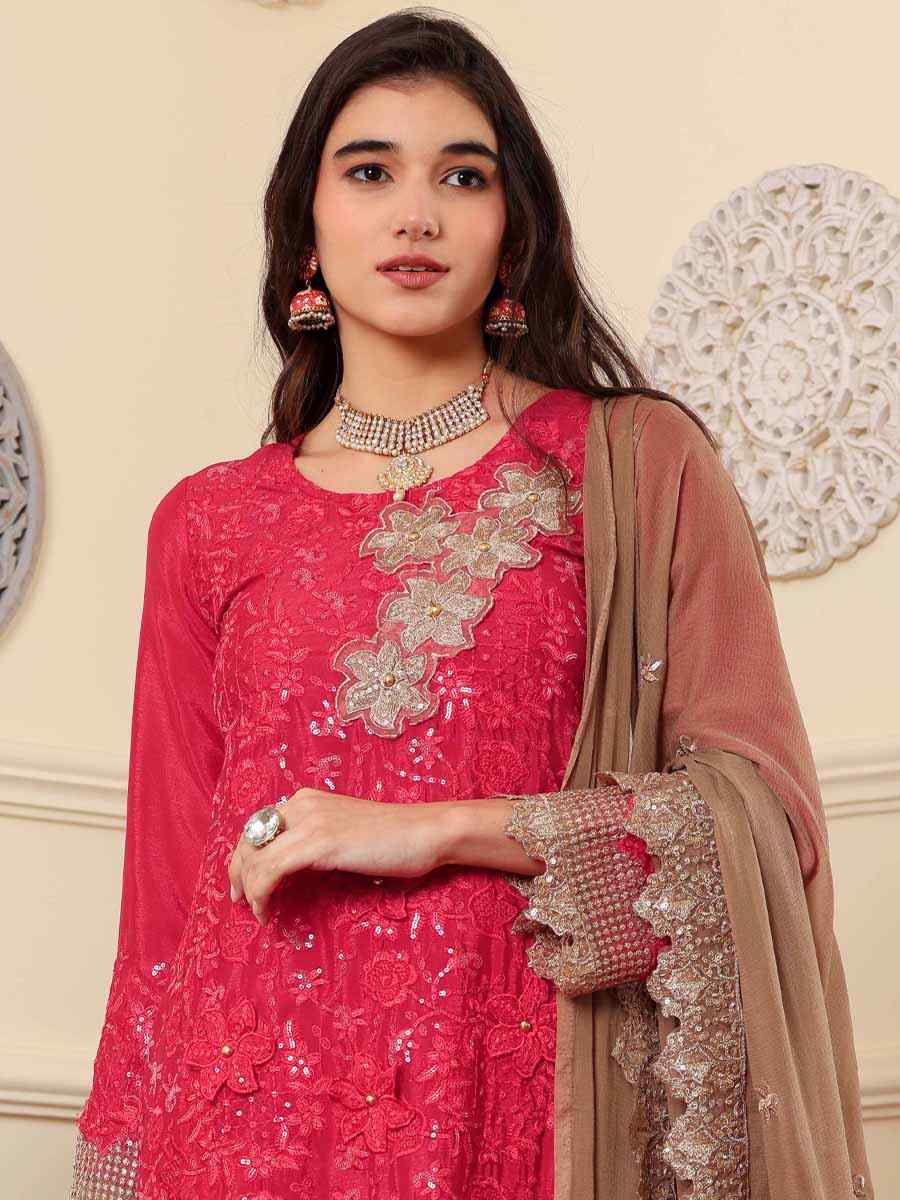 Pink Chinon Silk Embroidered Festival Casual Pant Salwar Kameez